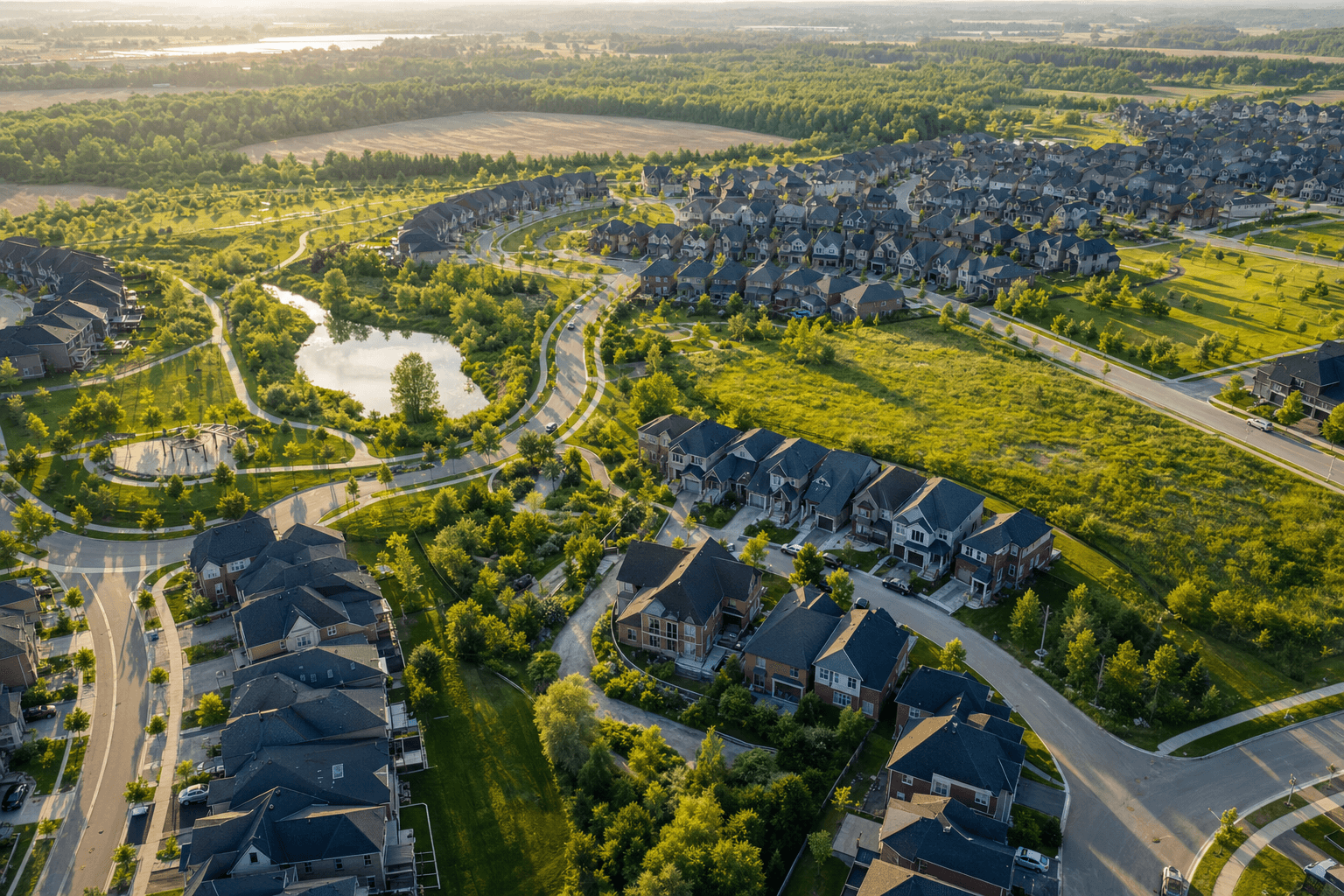 Aerial view of a master-planned residential community with detached homes and green space