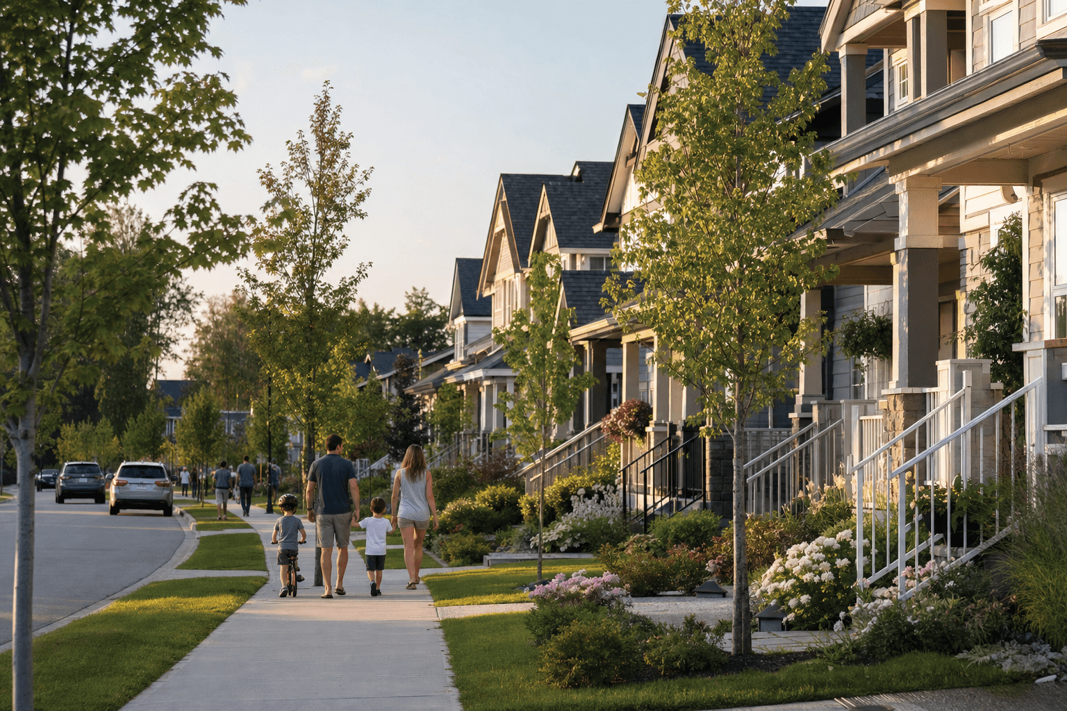 Tree-lined streetscape in a new detached home community